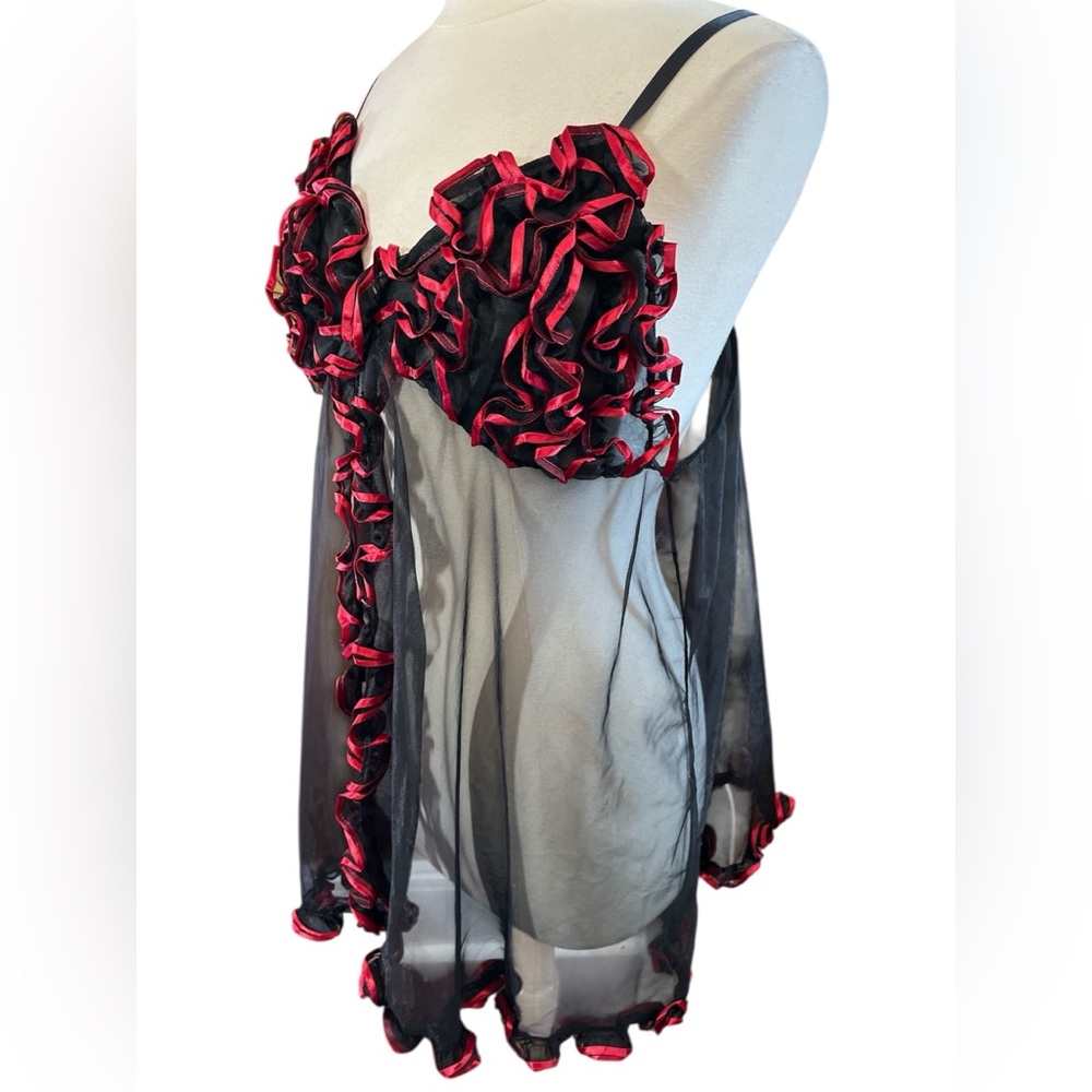 Juliara Vintage Sexy Black sheer Babydoll nightgown w/Red Ruffled Trim Size 2X - Picture 6 of 14